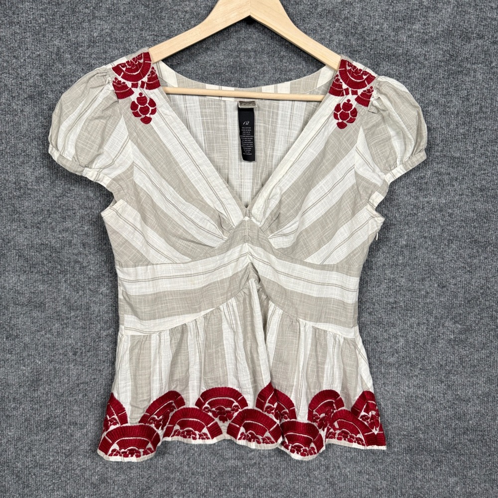 Lithe Womens Size 12 Peplum Top Midnight Sun Ivory Babydoll‎ V Neck Embroidered